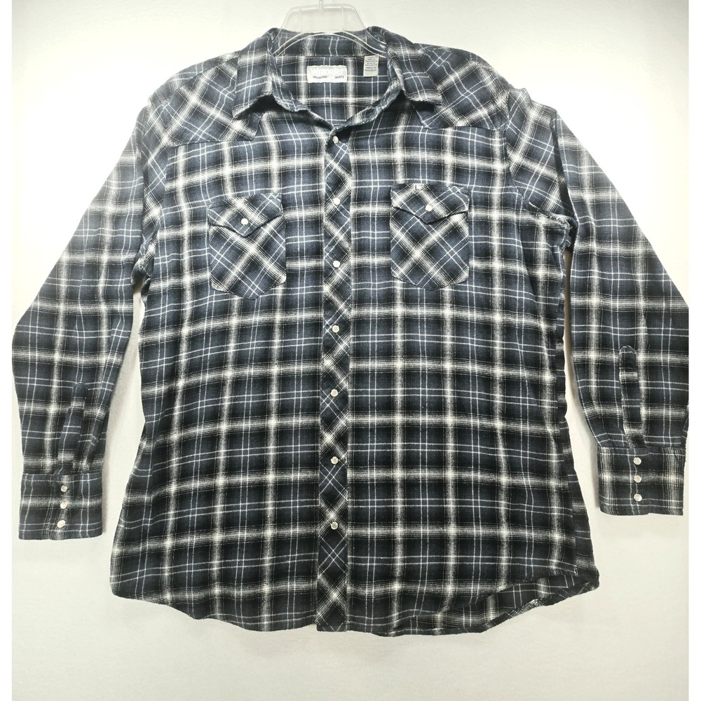 Wrangler Wrancher Mens XLT Blue Plaid Western Snap Long Sleeve Shirt Tall Cotton